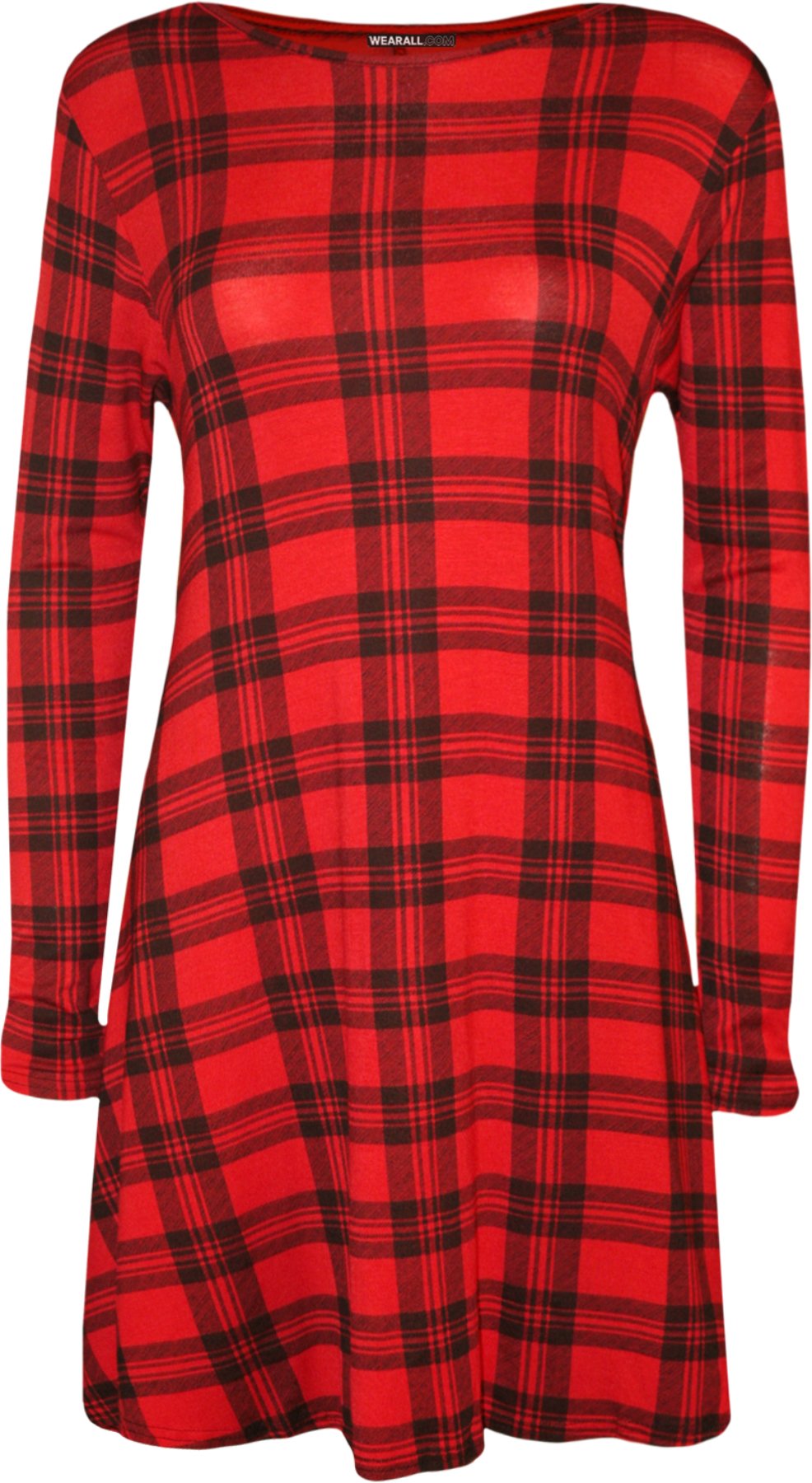 WearAll Plus Size Womens Print Long Sleeve Scoop Neck Ladies Short Swing Dress - Red Tartan - 16-18