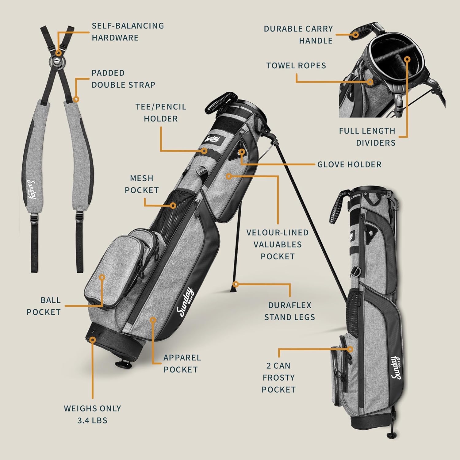 The Original Sunday Golf Loma XL Bag – Lightweight Golf Bag with Strap & Stand, Easy to Carry Pitch n Putt Stand Bag for Driving Range, Par 3 & Executive Courses, 3.4 lbs - Image 3