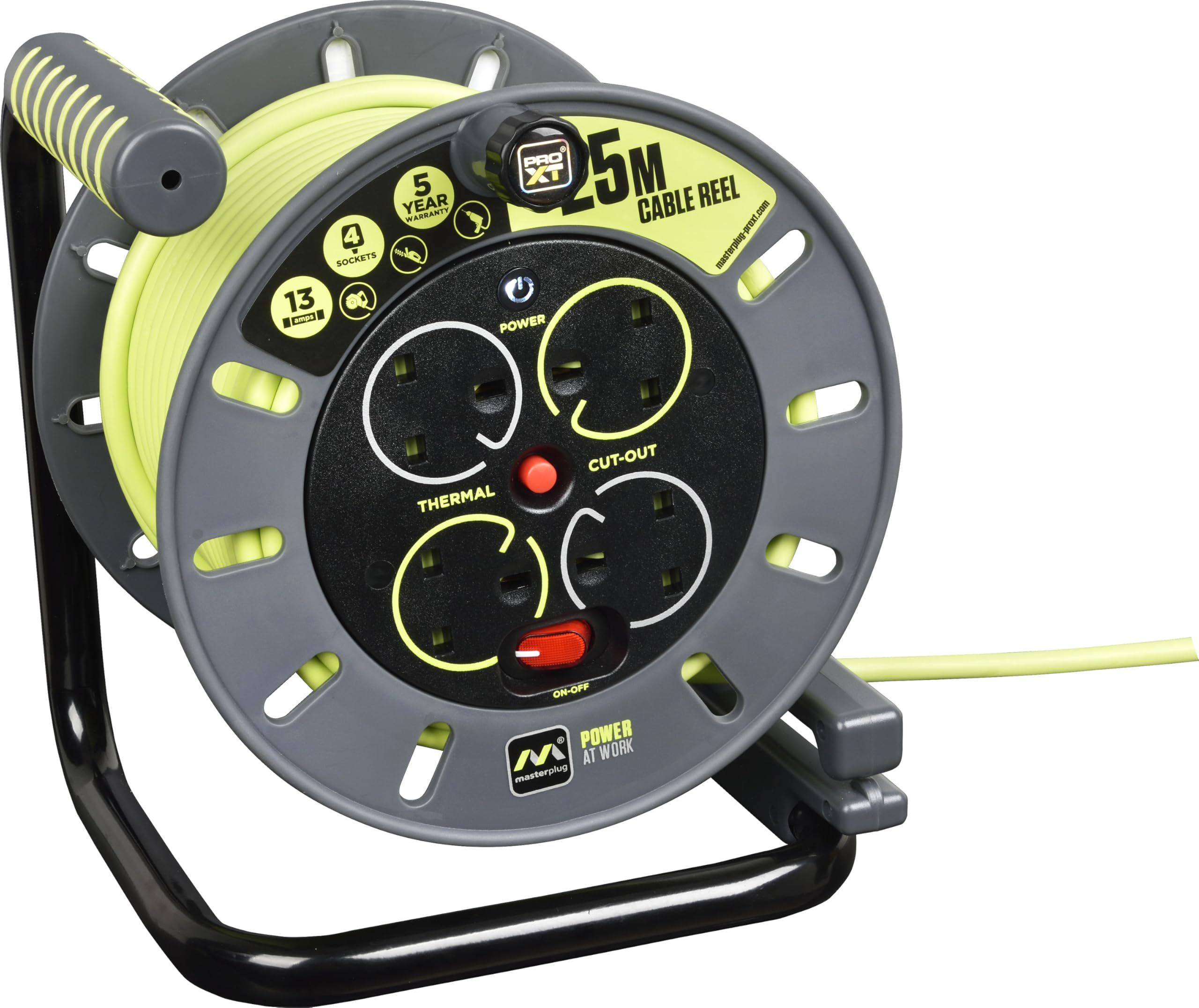 Pro-XT Four Socket Open Cable Reel Extension Lead with Winding Handle, Thermal Cut Out and Power Switch, 25 Metres High Visibility Cable, Green