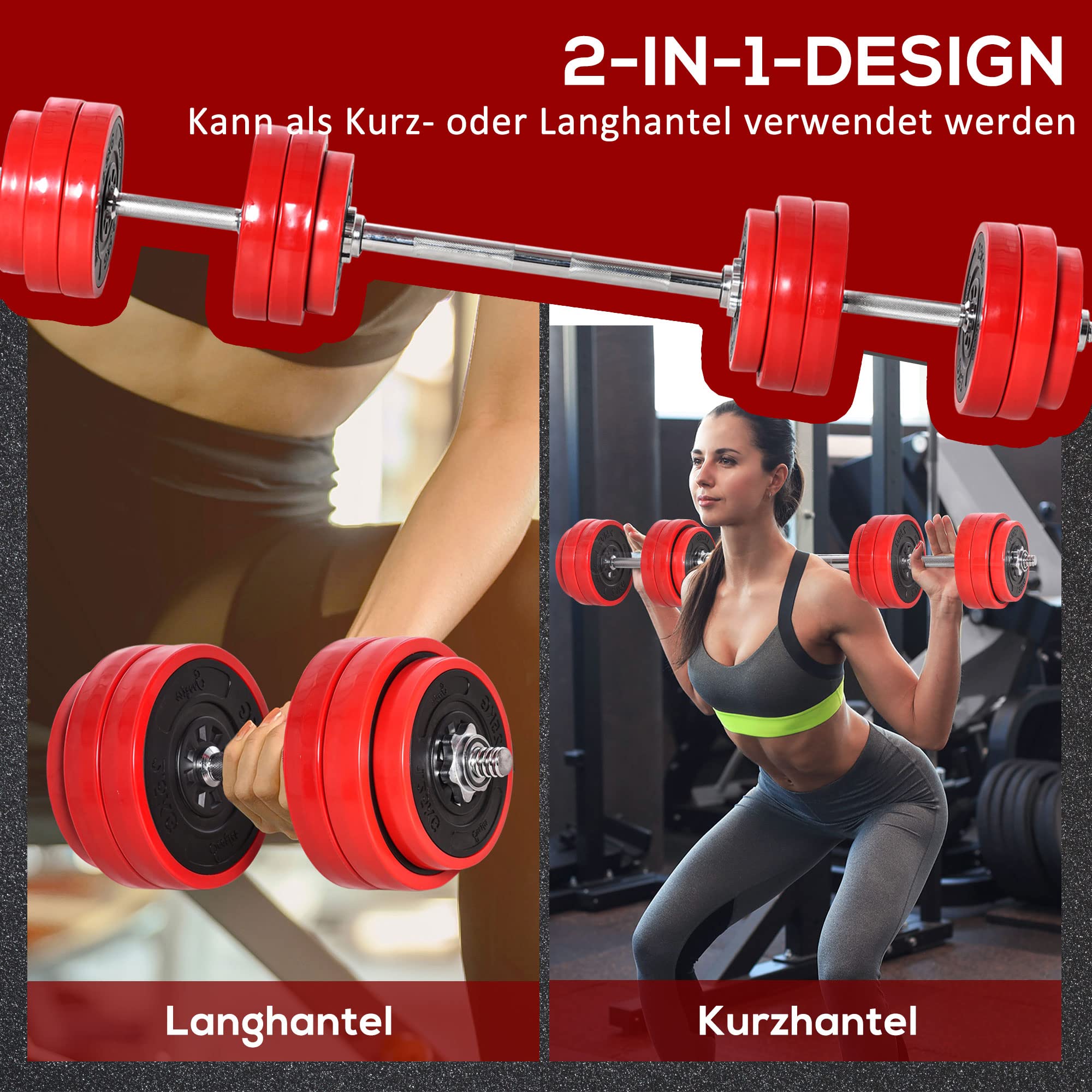 HOMCOM Hantelset 20/30 KG 2-IN-1 Hanteln&Langhanteln verstellbar Gewichtheben für Zuhause Fitness Muskel Rot+Schwarz