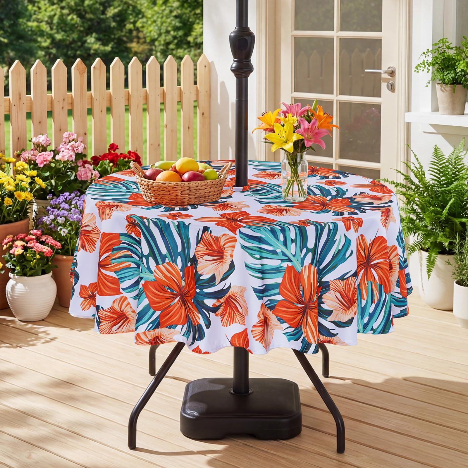 Eternal Beauty 60" Round Tablecloth Waterproof Outdoor Tablecloth with Umbrella Hole Zipper for Spring Summer Patio Picnic Tables (Orange Flower)