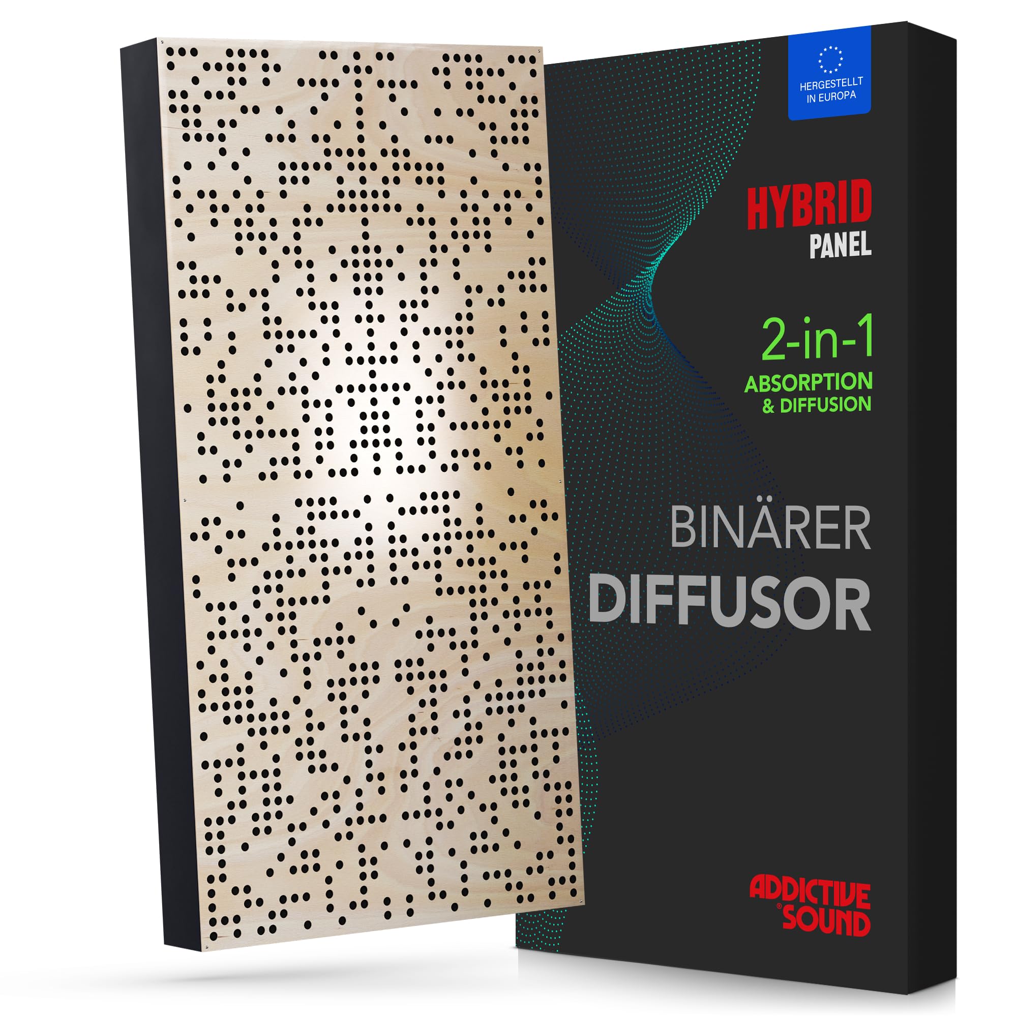 Addictive Sound Binärer Diffusor Hybrid Akustikpanel 120x60 cm, Natural | Holz-Diffusor & Absorber 2-in-1, 250-9300 Hz, CNC-gefräst, Made in EU, Montageset für Wand & Decke, 36 Monate Garantie