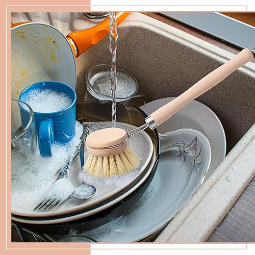 Miniatura 6 de Maxdot 4 cepillos de cocina con mango de madera de haya, mango de madera natural, cepillo de cerdas de fibra, cepillo de repuesto de 2 pulgadas para