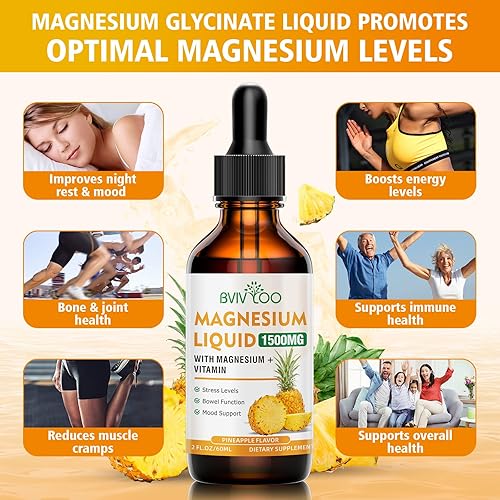 Miniatura 4 de Líquido de glicinato de magnesio, gotas líquidas de magnesio de alta absorción con fibra de celulosa, bromelina, vitaminas B6 C D y zinc, suplemento
