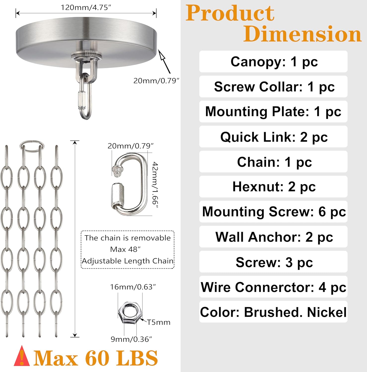 Replacement 5.1 Inch Light Canopy Kit 48 Inches Chain,Brushed Nickel Finish Replacement Cover Plate 1 Pack for Chandelier,Pendant Light,Swag Light,Ceiling Fan,Flower Basket