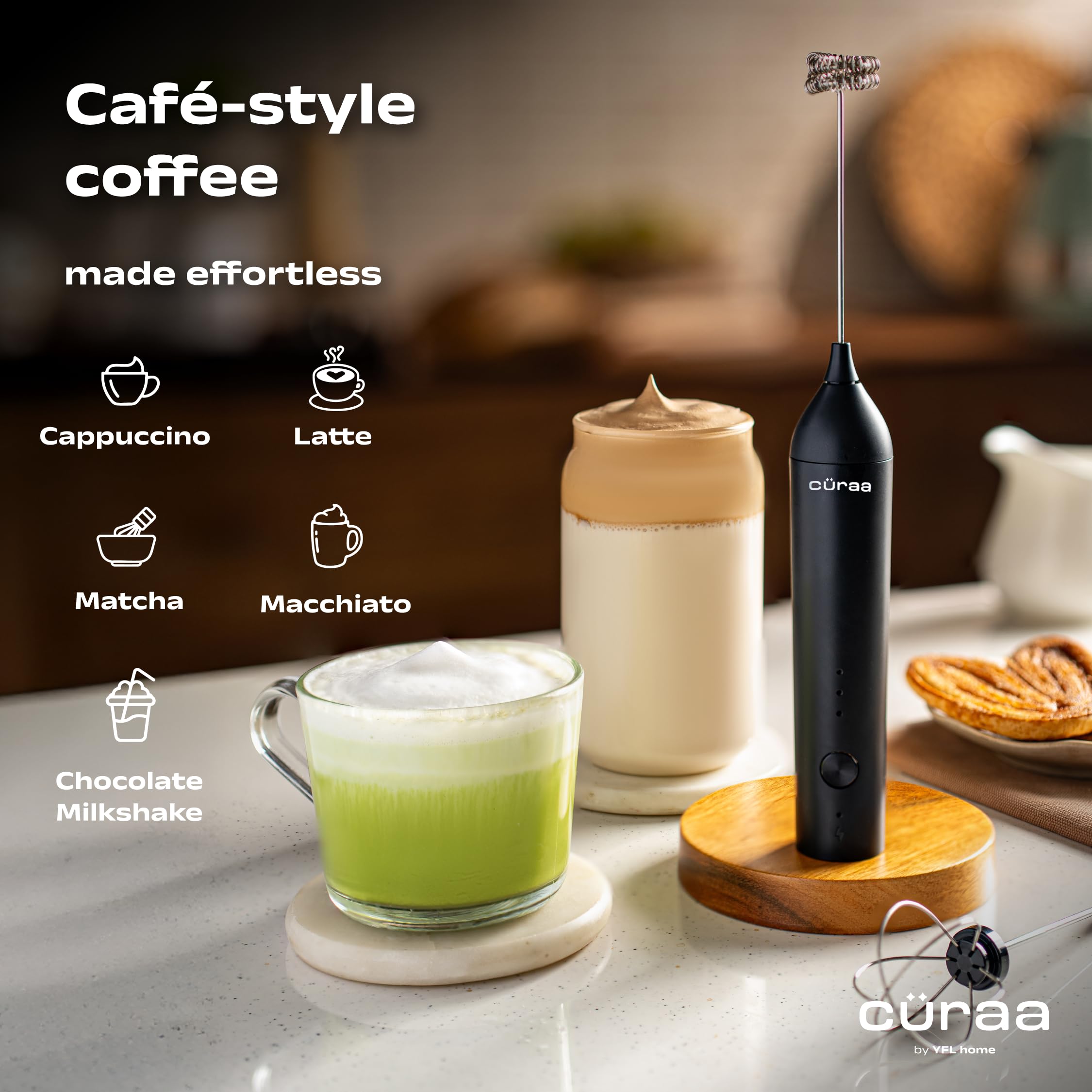 CÜRAA Milk Frother for Coffee | Rechargeable, 3-Speed Electric Frother with Stand | Handheld Coffee Beater for Lattes, Cappuccino & Hot Chocolate | By Chef Sanjyot Keer 2