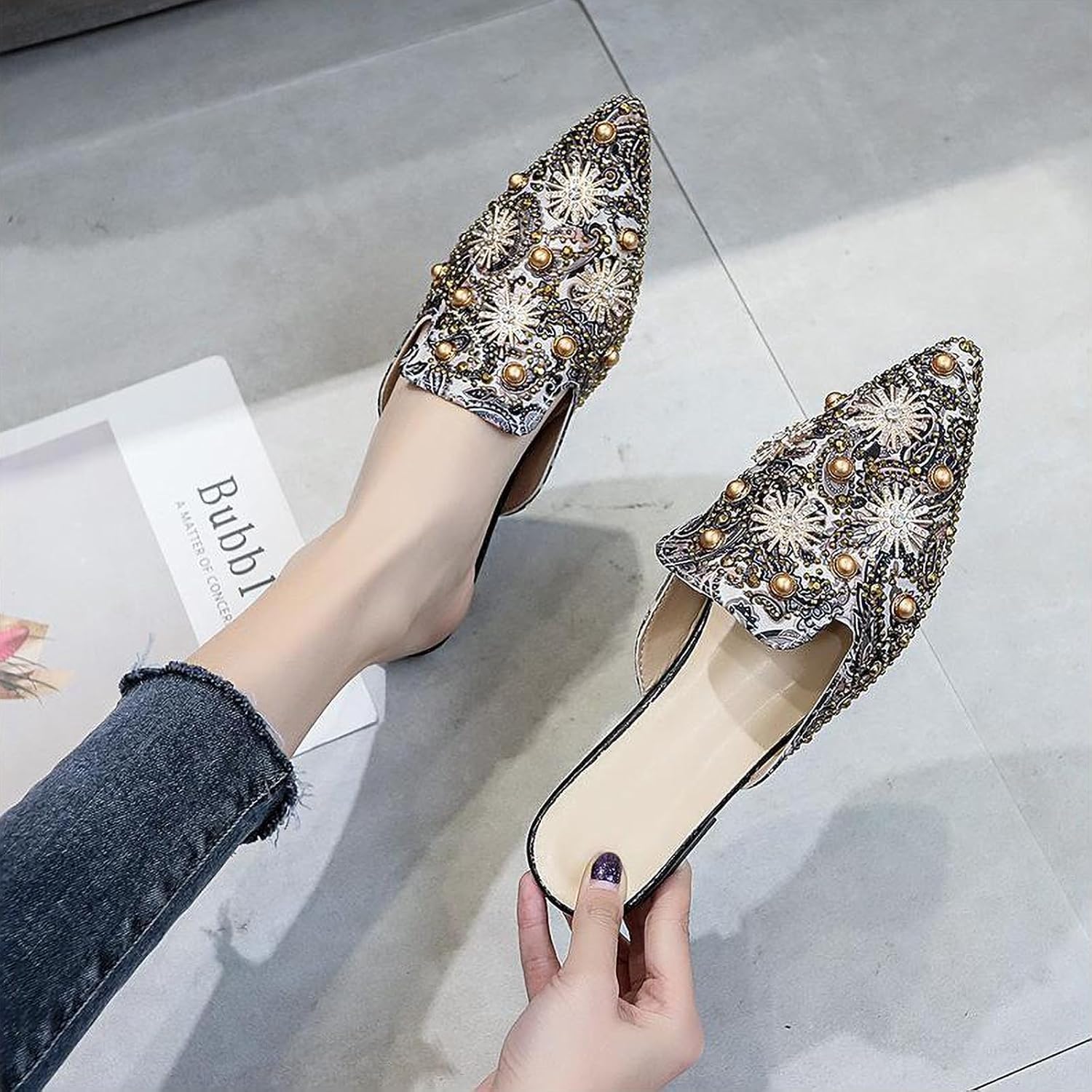 Women's Embroidered Pearl Rhinestone Pointed Toe Flat Mules Vintage Closed Pointed Toe Comfortable Backless Low Heel Slides Comfort Party Office Casual Dress Sandals - Image 2