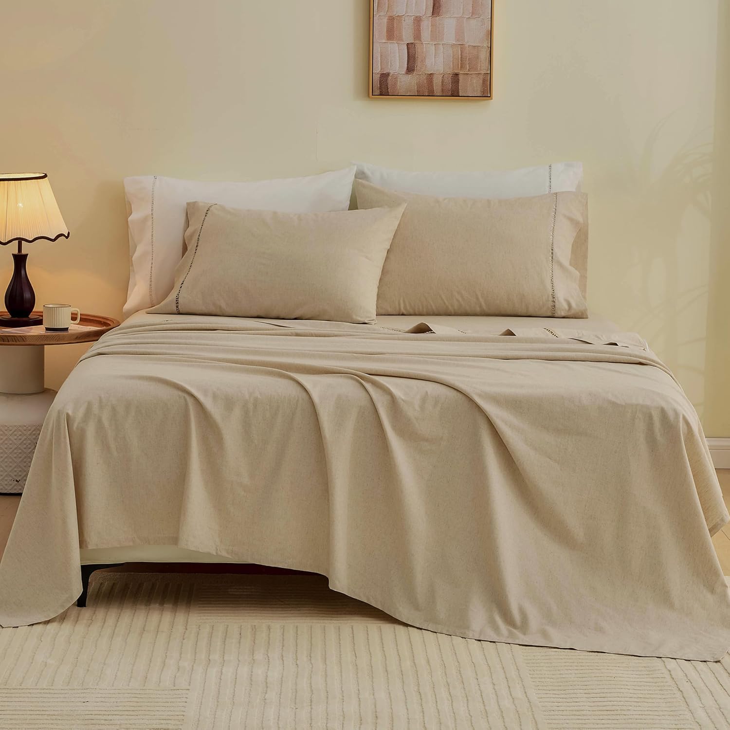 Simple&Opulence French Linen Sheet Set Queen Size, 4 Pcs Natural Flax Cotton Blend Bed Sheets 1 Flat Sheet, 1 Fitted Sheet and 2 Pillowcases, Farmhouse Sheets with Lace Hemstitch(Linen,Queen)