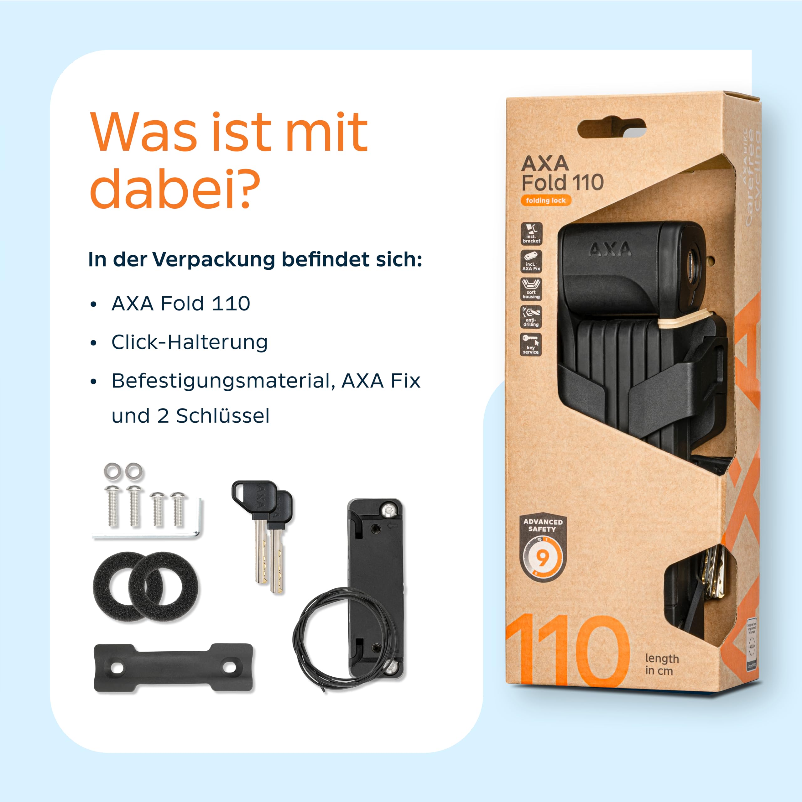 AXA Fold 110 Faltschloss – Länge 110 cm – Sicherheitsstufe 9 – Halterung inkl. Tracking-Tag-Fach – Mit 2 Schlüsseln