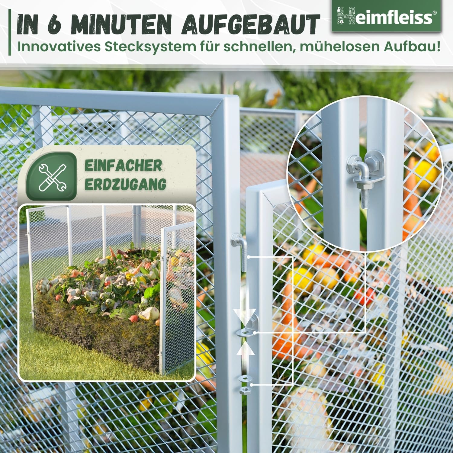 Heimfleiss® Komposter Garten 100x100x75 cm | 750L Metallkomposter verzinkt & pulverbeschichtet | Metall Kompostbehälter für Rasenschnitt & Biomüll | Gartenkomposter mit Stecksystem | Kompost Behälter