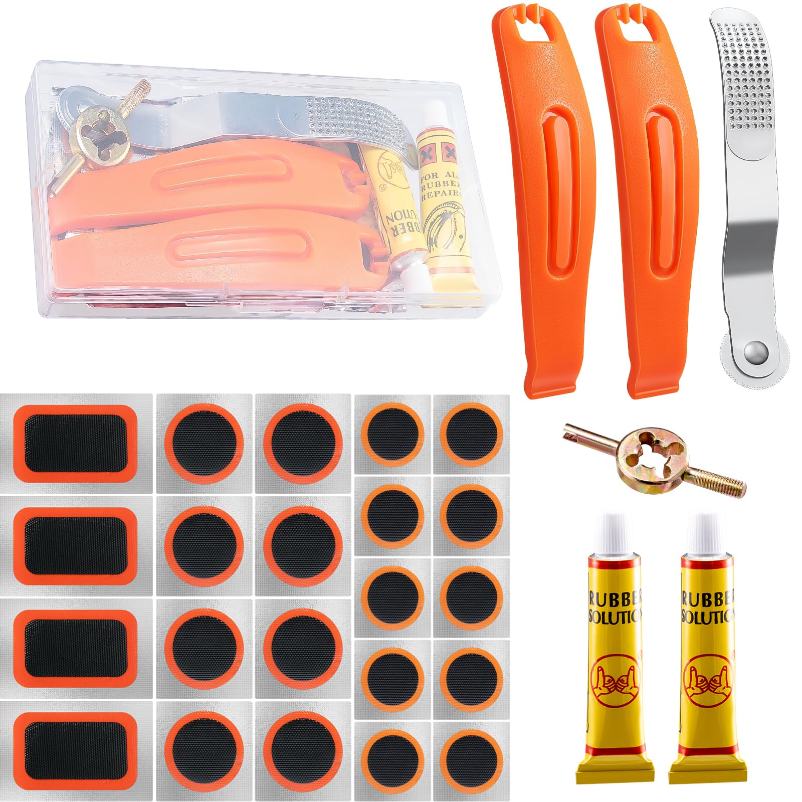 29 PCS Bike Tire Repair Kits - 22 PCS Patches,Tire Repair Glue, Tire Levers, Metal Rasp & Roller, Valve Wrench, Portable Bicycle Inner Tube Puncture Patch Kit for BMX MTB Road Bike Motorcycle