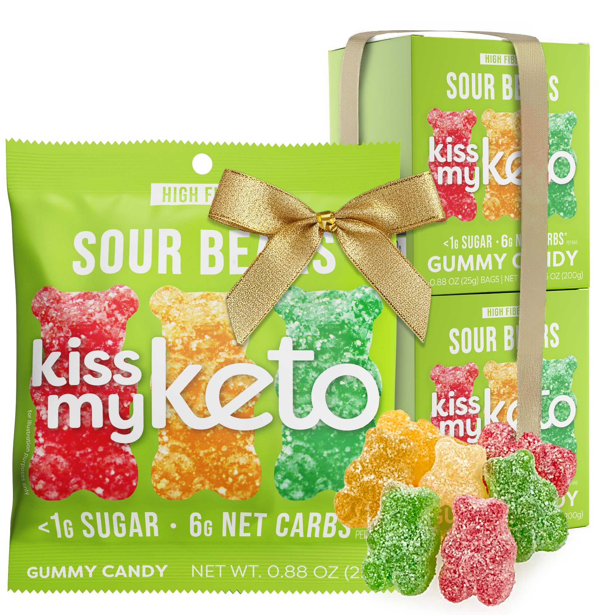 Kiss My Keto Sour Sugar Free Gummy Bears, 16-Pack – Satisfy Cravings while Staying in Ketosis – High Fiber, 6g Net Carbs, Non-GMO, Vegan, & No Gluten – Fruity Sugar Free Gummies