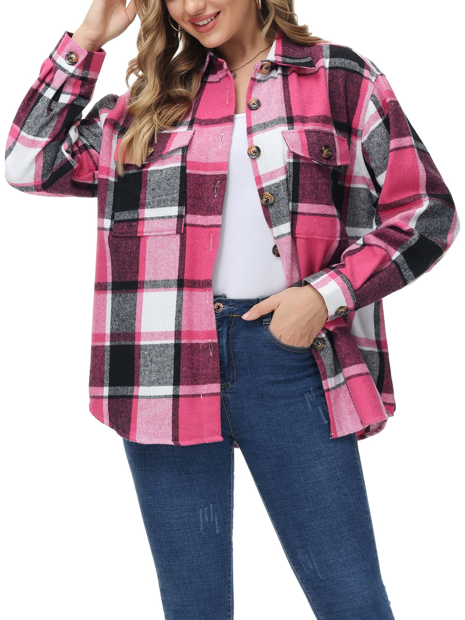 MCEDAR Women's Oversizes Plaid Shacket Jacket Casual Lapel Long Sleeve Button Down Plus Size Flannel Shirt(S-4X)