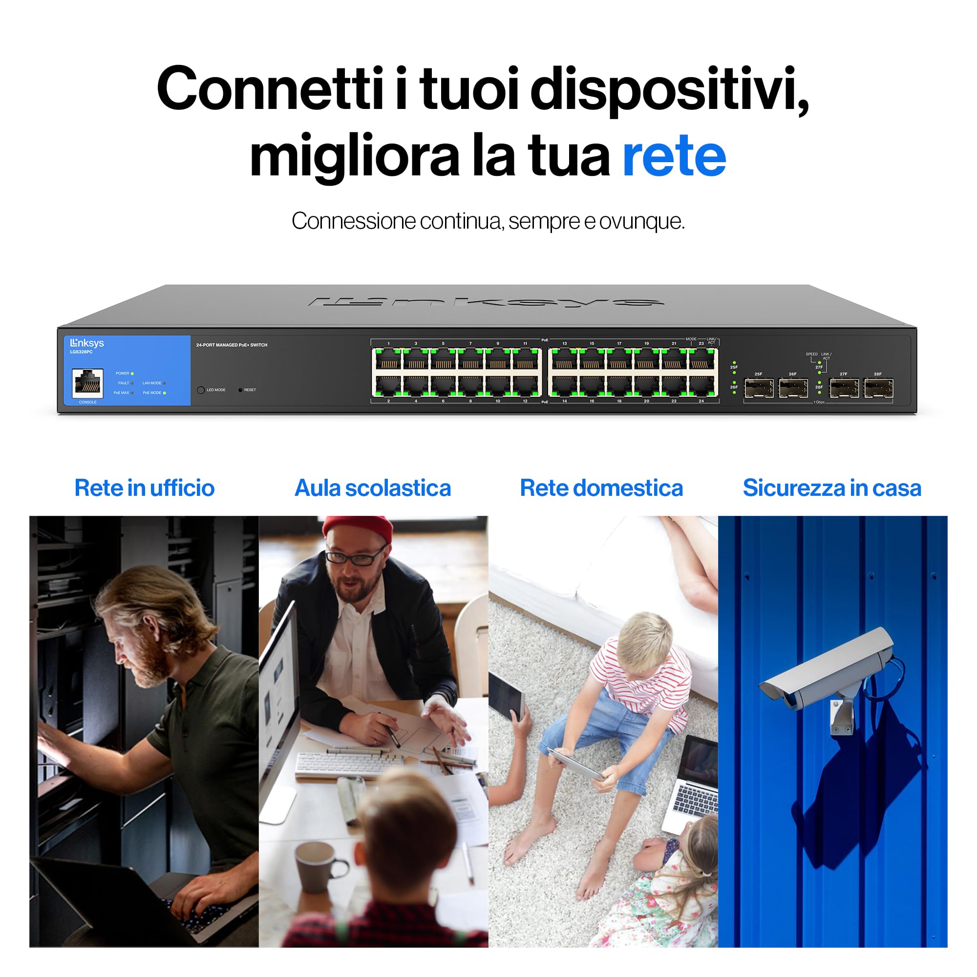 Linksys Switch Gigabit PoE+ Gestito a 24 Porte con 4 Porte 1GE SFP di Uplink, 250 W, Nero