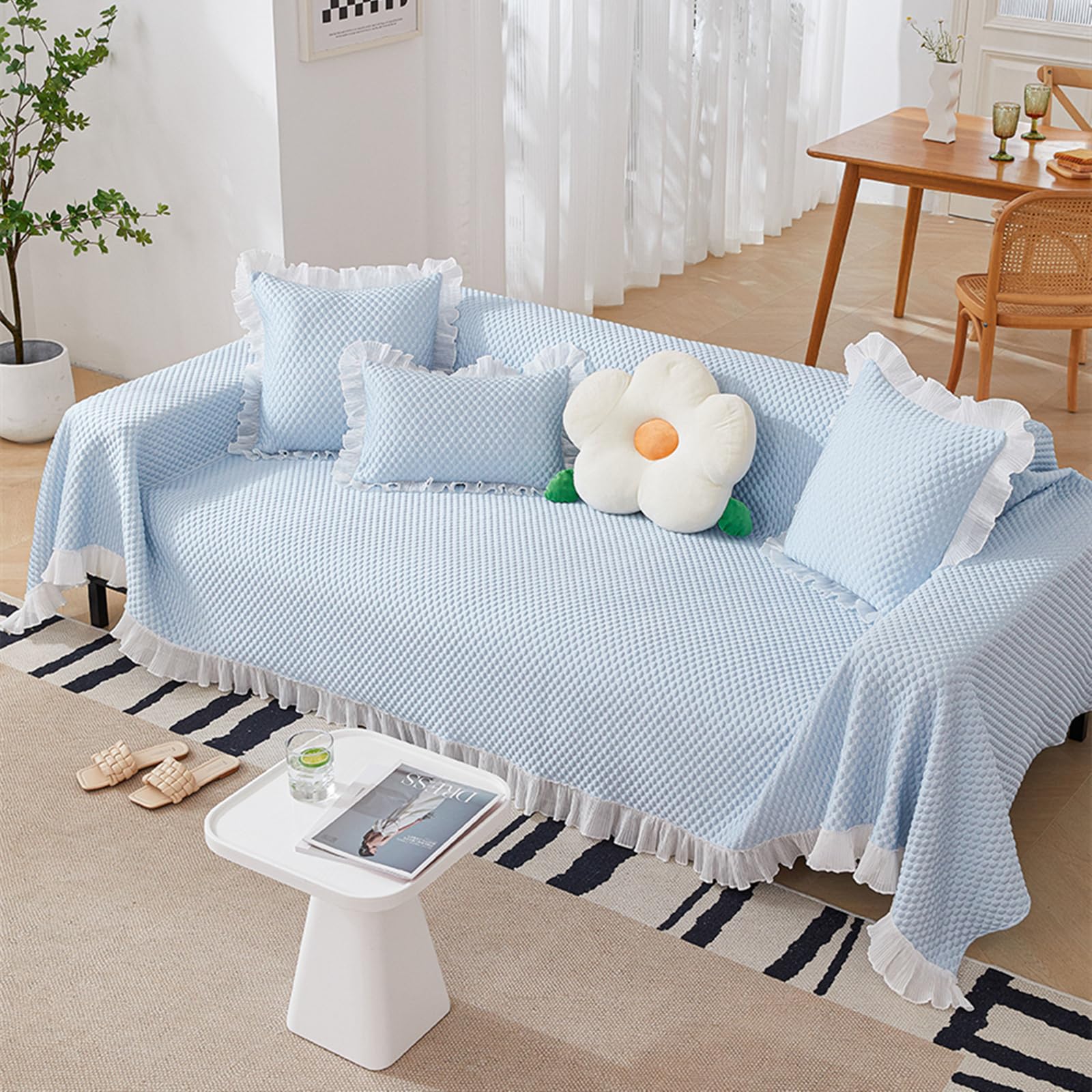 Copridivano estivo per divano a 3 posti, tessuto lavabile, look fresco, per soggiorno, 180 x 300 cm, blu - Slish & Fur Shield
