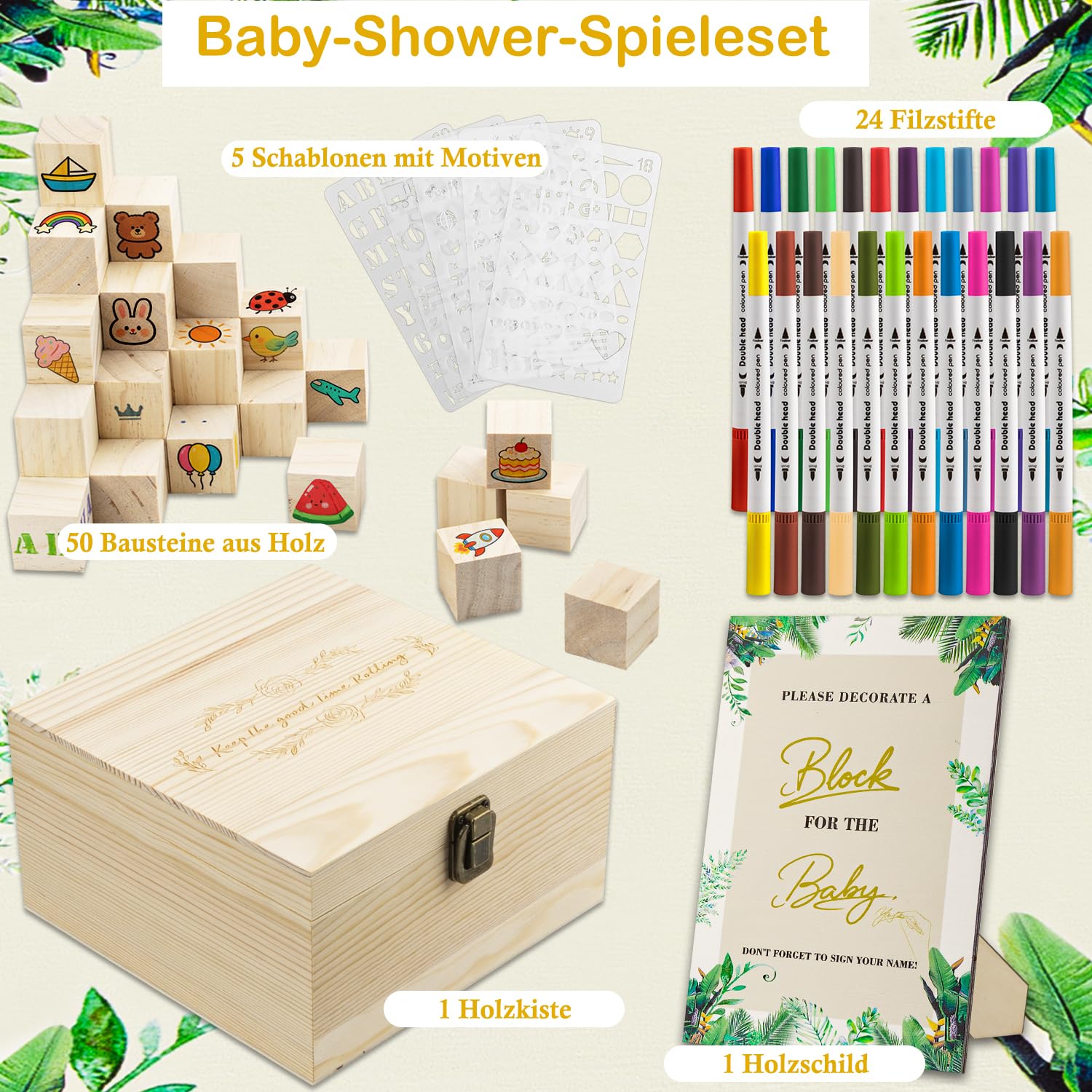 Babyparty Spiele –81 Stück Das Lustigste Kreative Gästebuch zum Bemalen – Baby Shower Aktivität mit Holzblöcken, Stiften & Schablonen – Geschenk-Idee für Junge, Mädchen