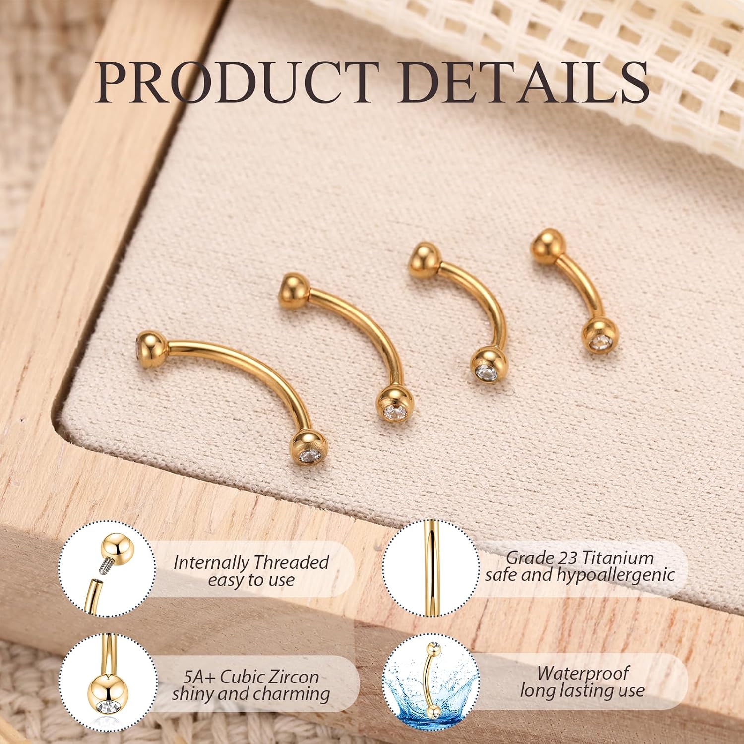 PEAKLINK 16G Cubic Zircon Eyebrow Piercing Jewelry G23 Titanium Eyebrow Rings Curved Barbell Small Belly Ring Rook Daith Earrings Vertical Labret Lip Piercing 6mm-12mm