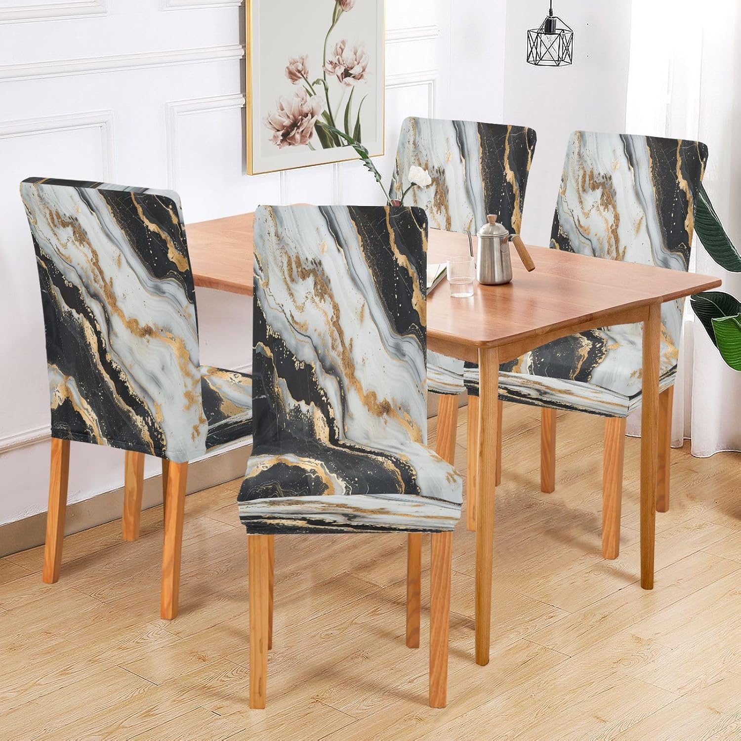 ALAZA Marble Golden Black and White Stretch Removable Washable Short Dining Chair Protector Cover Seat Slipcover for Restaurant Hotel Banquet Wedding Party