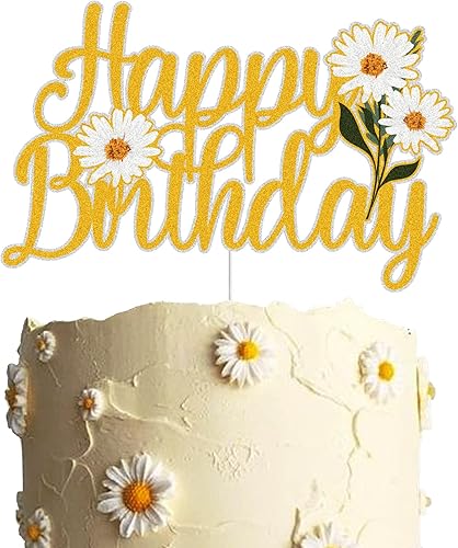 Decoración para pastel de cumpleaños con purpurina dorada, decoración de pastel de margaritas hippie, decoración de verano con temática floral,