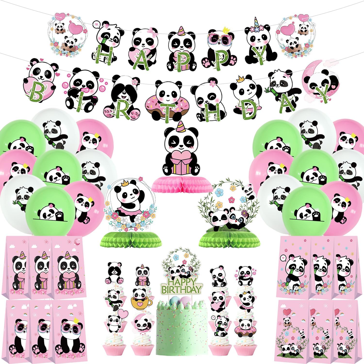 KEFAN Panda Birthday Party Decorations for Girls, Cute Panda Party Supplies including Banner, Cake Toppers, Table Centerpieces, Candy Bags, Balloons, Panda Print Balloons for Girl's Birthday Party