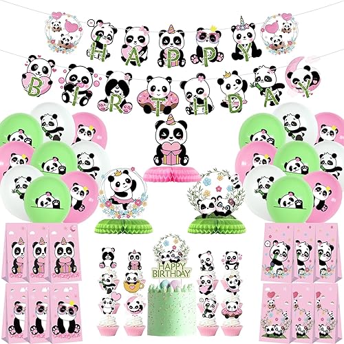 KEFAN Decoraciones de fiesta de cumpleaños de panda para niñas, bonitos suministros de fiesta de panda, incluyendo pancarta, decoración de pasteles,