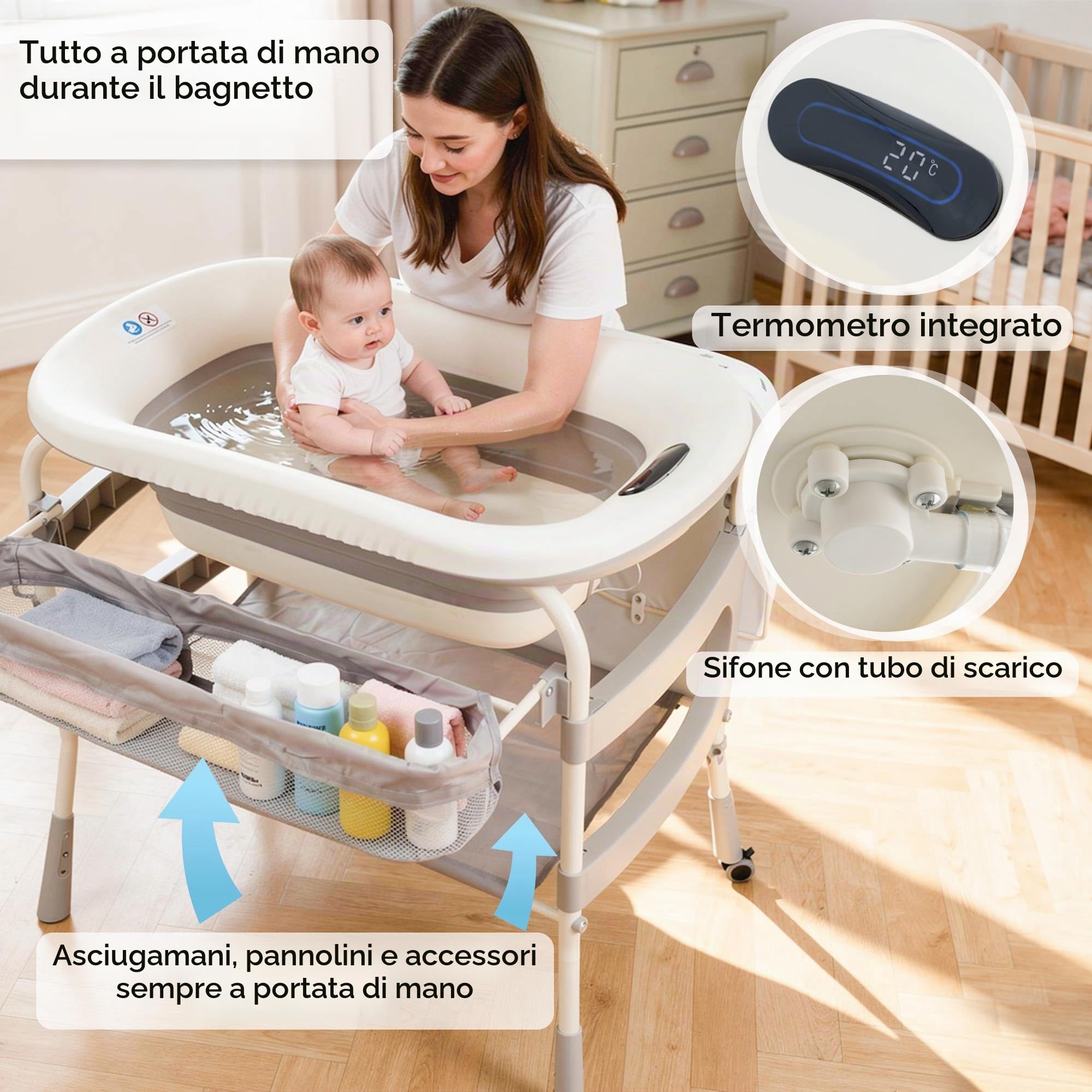 ALMAR Baby Fasciatoio con vasca per bambini, mobile fasciatoio pieghevole, vasca da bagno con termometro alto con ruote e organizer