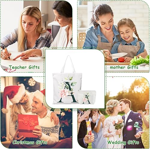 Miniatura 6 de Bolsa de lona con iniciales florales con letras y cosméticos, bolsa de lona estética para dama de honor, profesor, cumpleaños, boda, despedida de