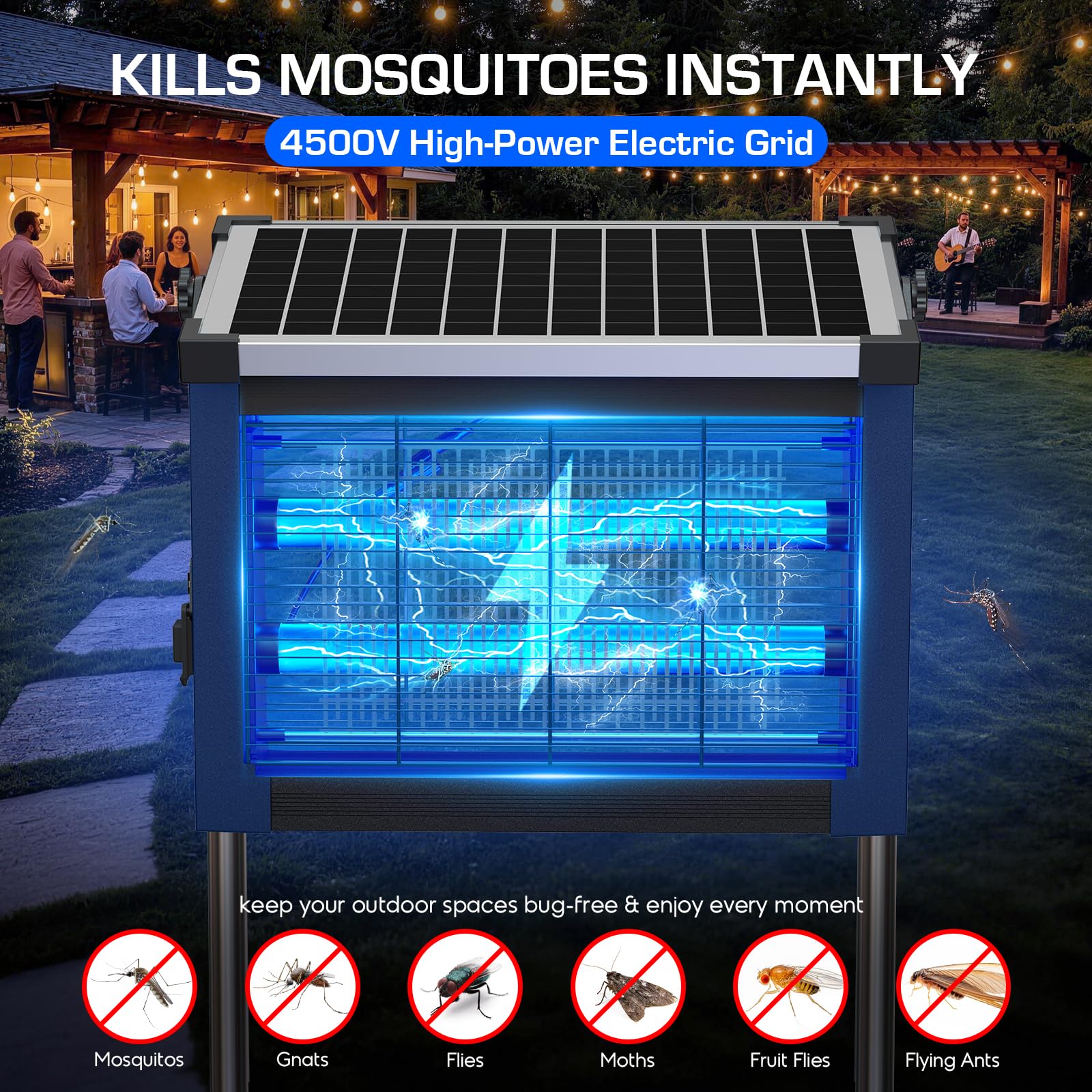 Solar Bug Zapper Outdoor Wasserdicht, 4500V High Power Cordless Mückenzapper mit Smart Light Sensor, Dual Solar & USB Wiederaufladbarer Insektenvernichter für Terrasse, Garten, Hinterhof, Indoor