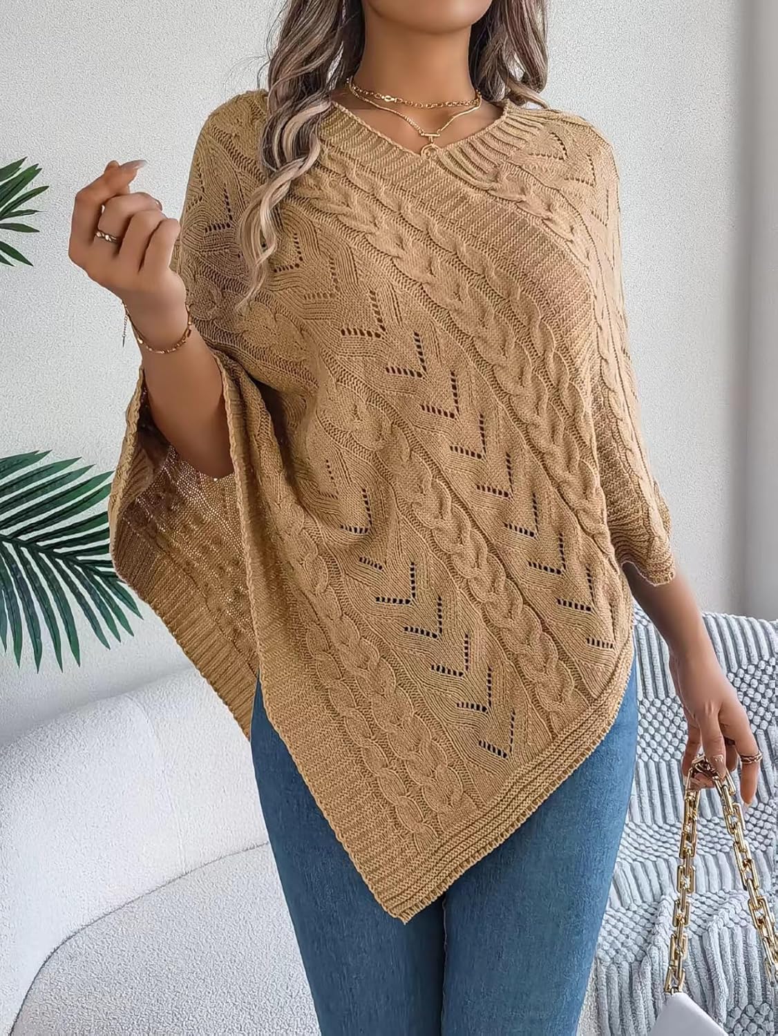 Womens Knitted Sweater Cape Shawls Casual V-Neck Wrap Pullover Tops 3/4 Sleeve Asymmetric Hem Poncho Sweater - Image 6