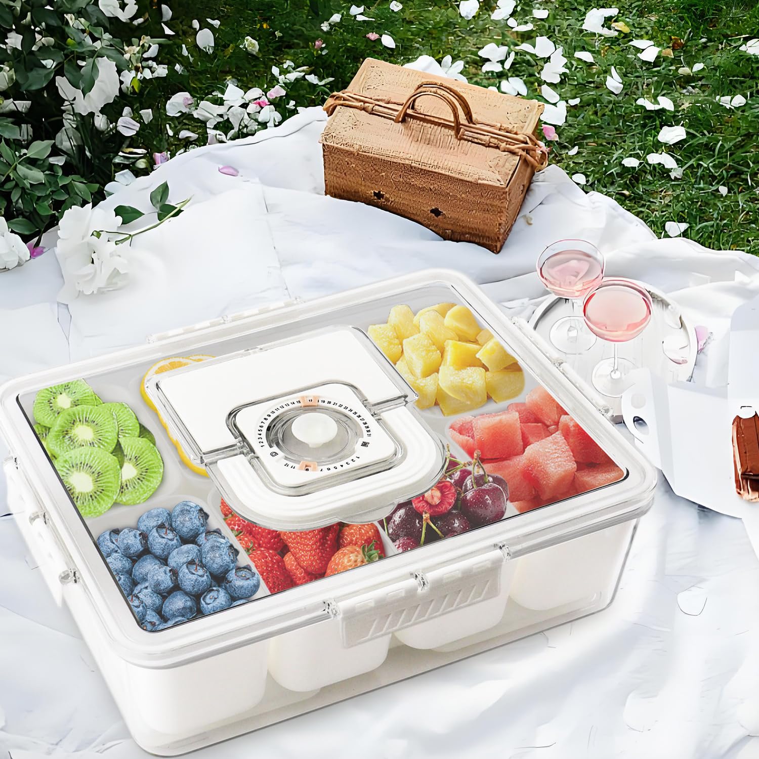 Snackle Box Container Mit Eisbeutel, Geteiltes Serviertablett Mit Deckel und Griff, Charcuterie Board für Tragbare Snack Platten Cream Organizer für Obst Snacks, für Party (1, Rechteckig mit Eisfach)