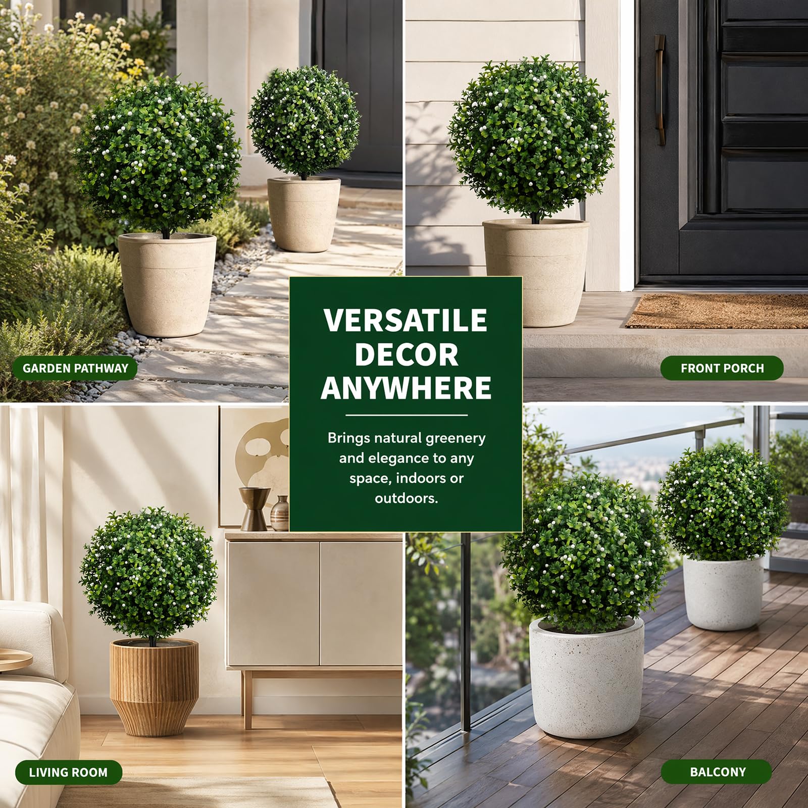 2er Set Buchsbaum Künstlich 61cm, Künstliche Buchsbaumkugel mit Erdspieß, Plastic Plants, Künstliche Pflanzen Plastik Wie Echt für Wohnzimmer Schlafzimmer Büro Garten Deko (Mit Früchte)