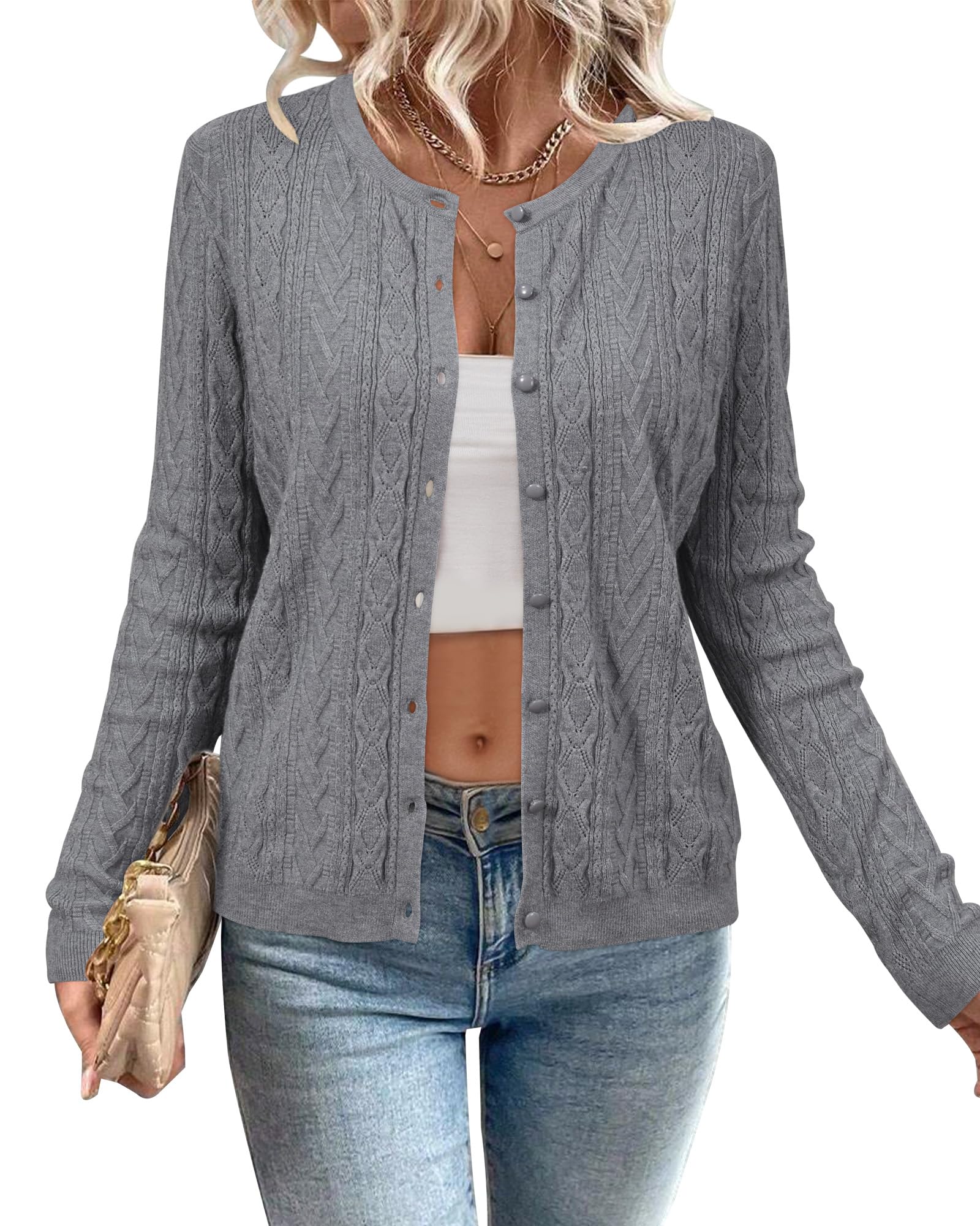 Arach&Cloz Damen Strickjacke Leichte Langarm Rundhals Ausschnitt Cardigan Früling Sommer Strickpullover mit Knopf