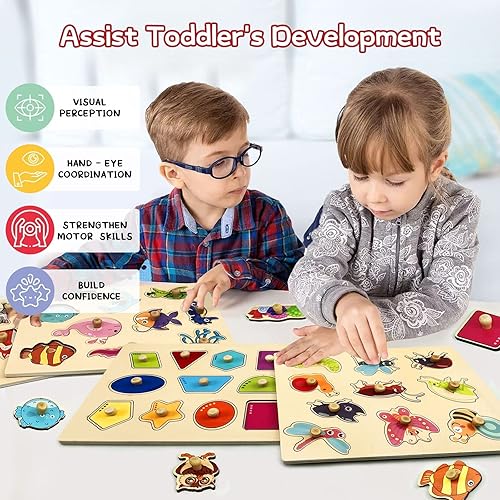 Miniatura 4 de Rompecabezas de madera para niños pequeños, paquete de 4 rompecabezas para niños pequeños con perillas de madera, aprendizaje preescolar, animales