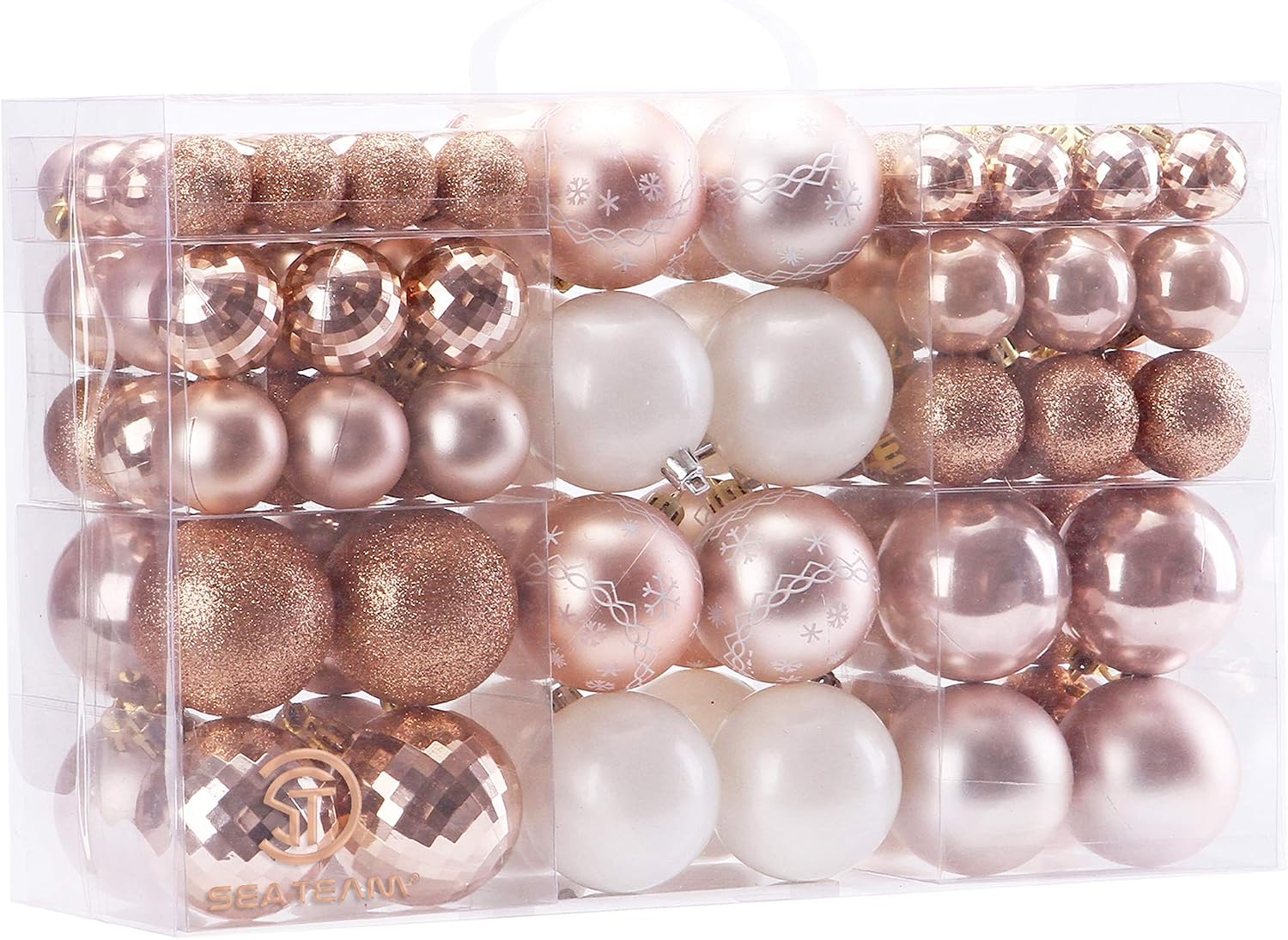 Sea Team 100 Pieces of Assorted Christmas Ball Ornaments Shatterproof Seasonal Decorative Hanging Baubles Set with Reusable Hand-held Gift Package for Holiday Xmas Tree Decorations, Rose Gold