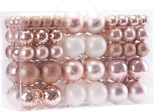 Sea Team 100 Pieces of Assorted Christmas Ball Ornaments Shatterproof Seasonal Decorative Hanging Baubles Set with Reusable Hand-held Gift Package for Holiday Xmas Tree Decorations, Rose Gold
