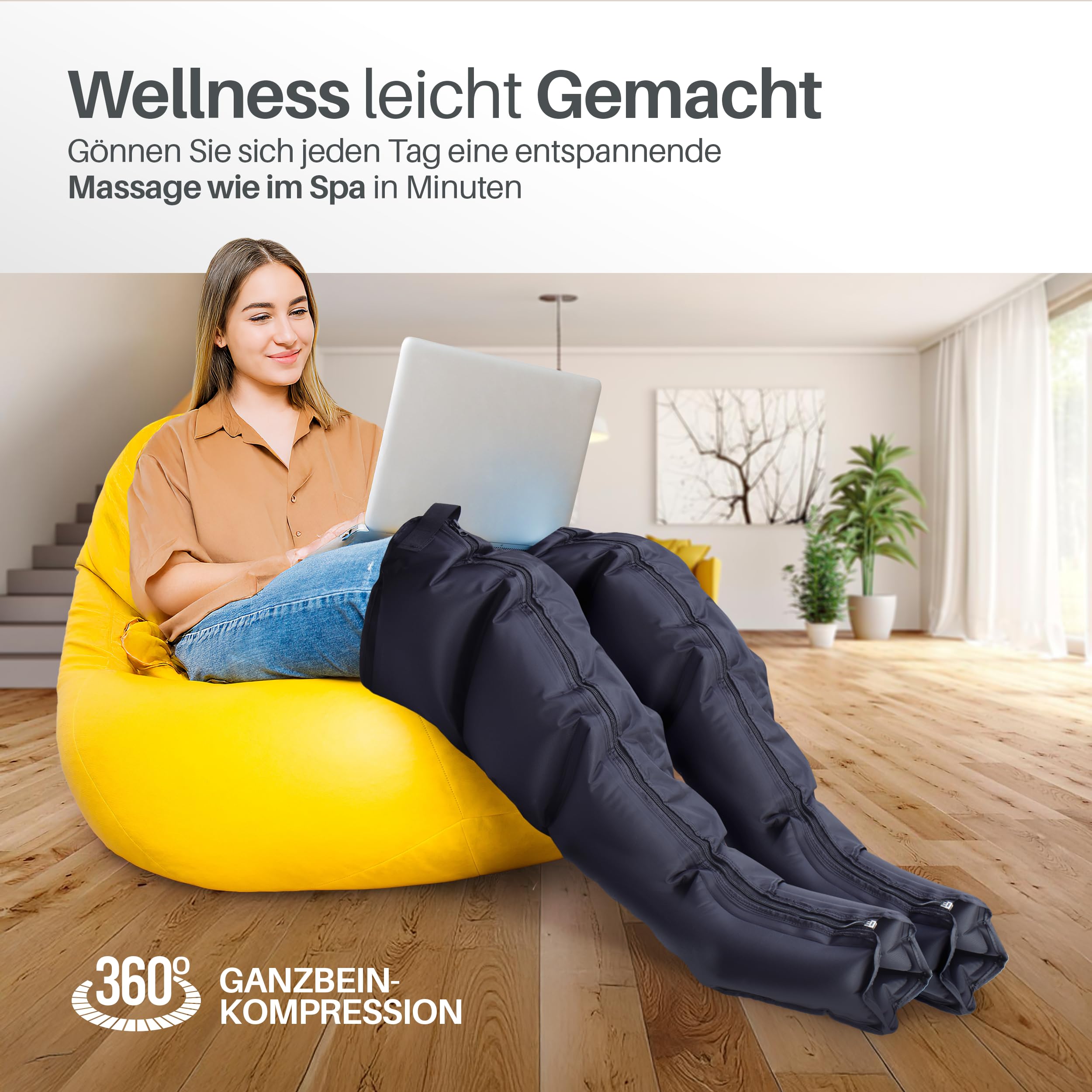 PORTENTUM Lymphdrainage gerät mit Akku – Bein Massagegerät mit 8 Modi und 3 Intensitäten – Fernbedienung mit LCD-Display – USB-C – Lindert müde Beine und fördert die Durchblutung – Tragetasche