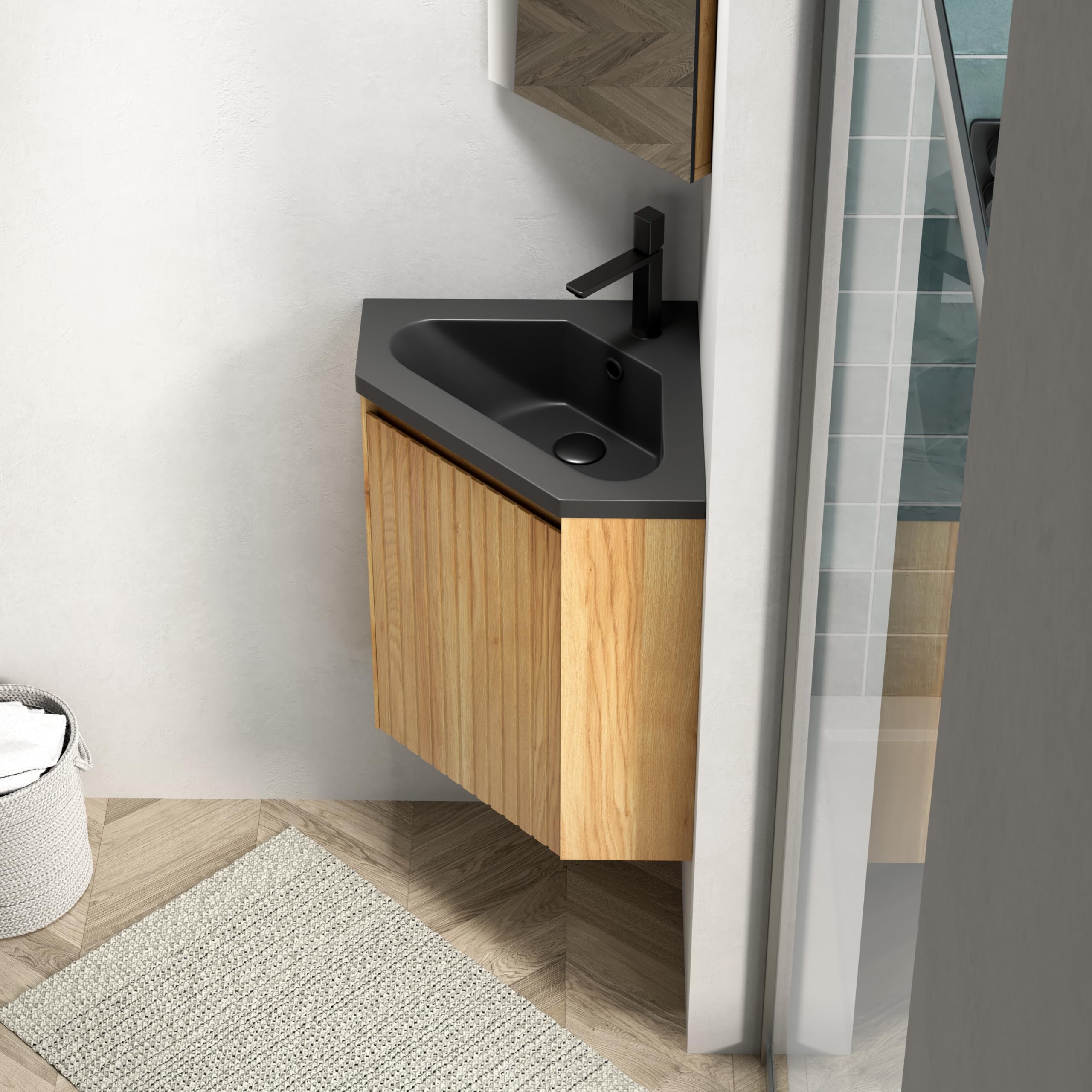Eckwaschbecken mit Unterschrank | 38 cm Badezimmerschrank schmal in Naturholz | Matt-schwarzes Harzbecken mit Wandmontage und Soft-Close