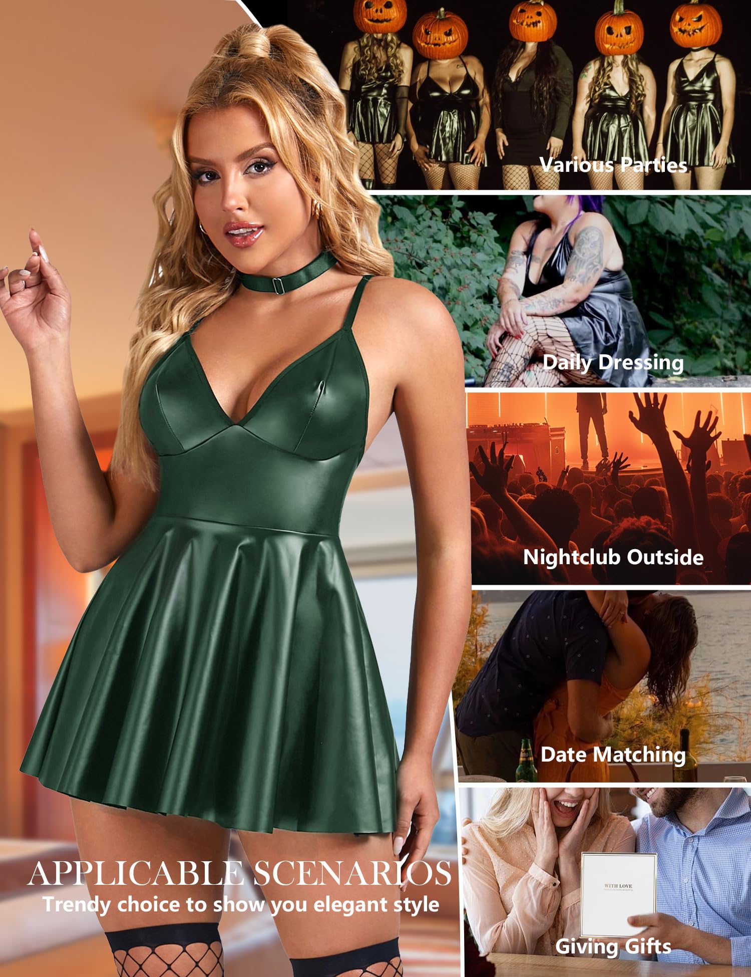 ohyeah Faux Leather Lingerie Set for Women Plus Size PU Lingerie V Neck Backless Babydoll Chemise Mini Lingerie Dress: Medium 1- Green