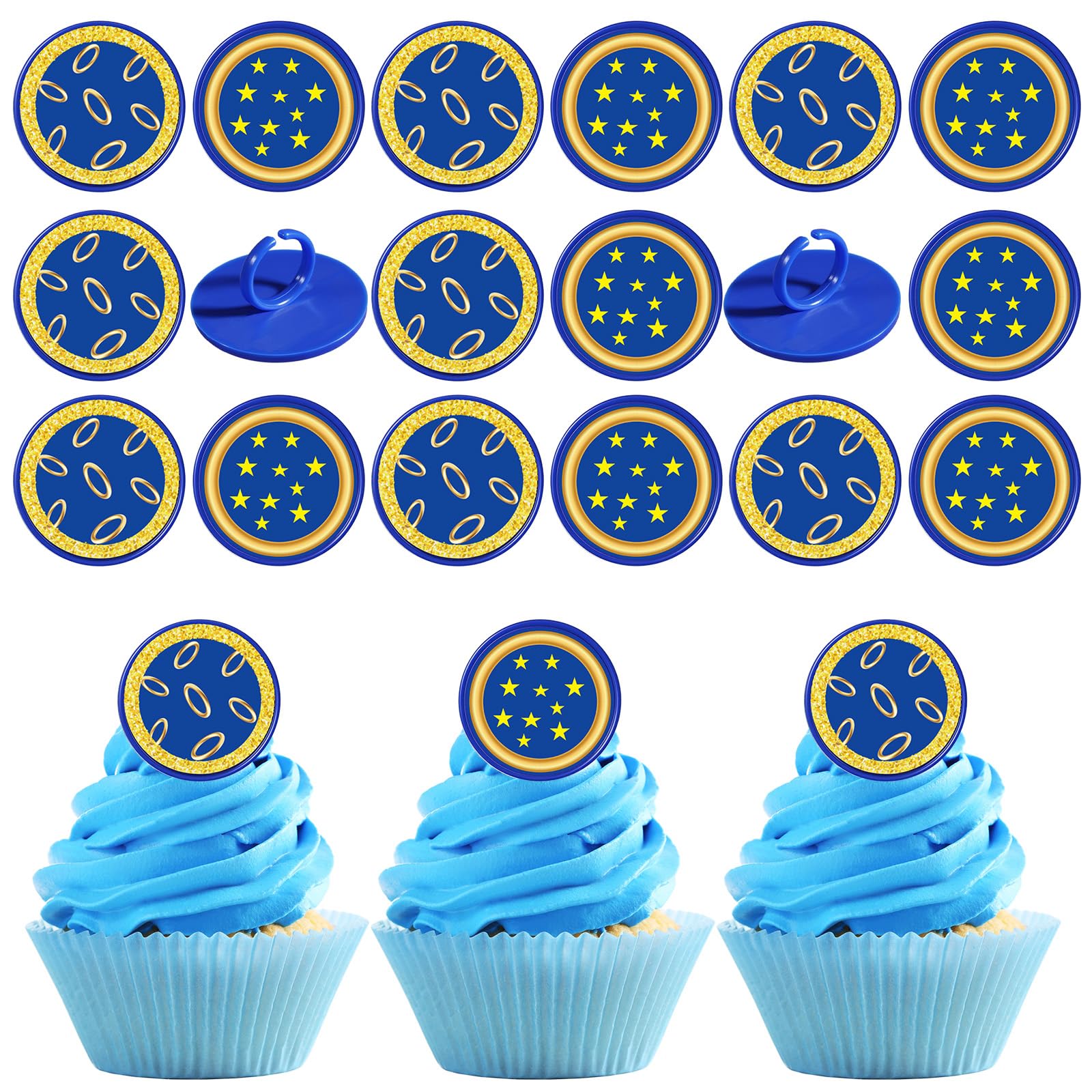 Maitys 24 Pack Blue with Gold Ring Print Themed Cupcake Toppers Fun Rings Video Blue Golden Cartoon Characters Cake Topper for Boys Girls Cartoon