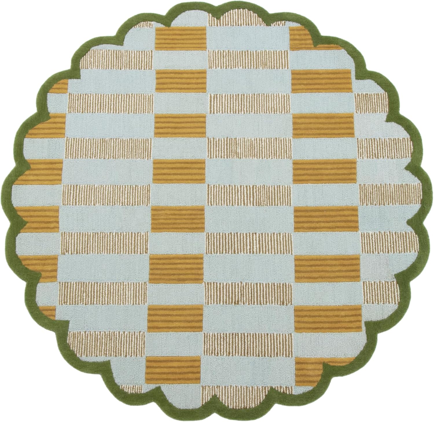 Hand-Tufted Wool Rug with Scalloped Edges, Light Blue Plaid Pattern, Cozy Soft Area Rug for Living Room, Bedroom, and Nursery, Handmade Modern Accent Rug, 5x5 Ft (Round) Light Blue, Beige, Green 5x5 Ft (Round)