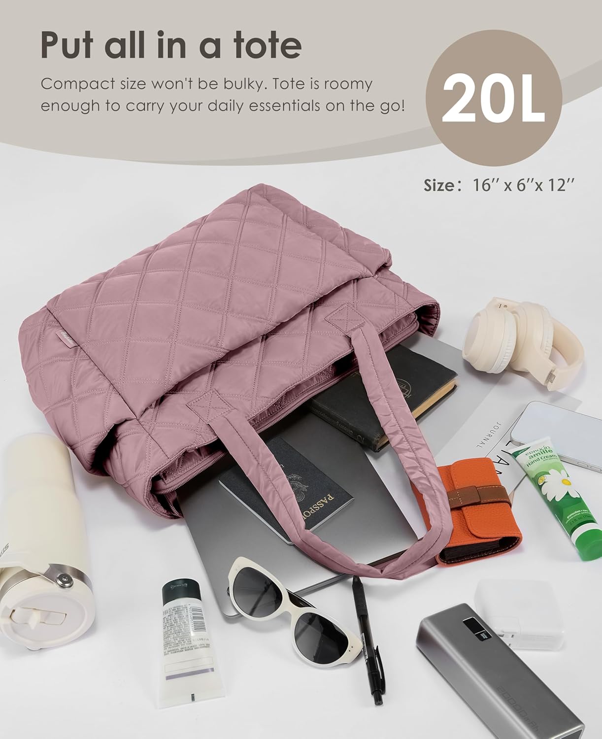 Uselike Tote Bag for Women, Lightweight Puffer Tote Work Bags with Compartments for Travel, Quilted Shoulder Bag with Zipper