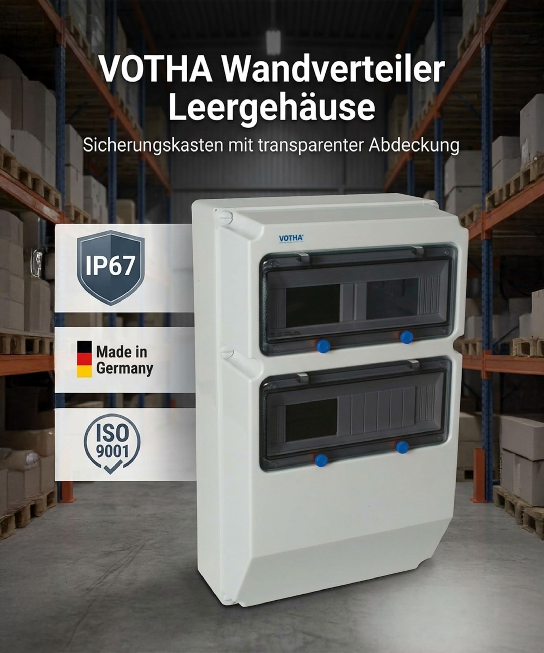 JÄGER VOTHA Wandverteiler Leergehäuse Wuppertal, Sicherungskasten IP67, schlagfestes IK08 ABS Gehäuse, 26 TE Verteilerkasten, transparente Abdeckung, Hutschienenmontage, Made in Germany