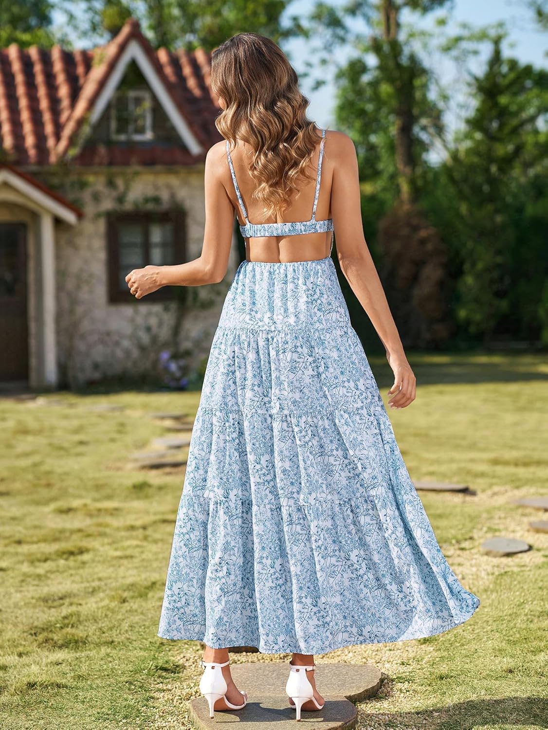 EYNMIN Summer Floral Maxi Casual Dress Boho V Neck Spaghetti Strap Long Flowy Ruffle Vacation Beach Sundresses for Women 2026