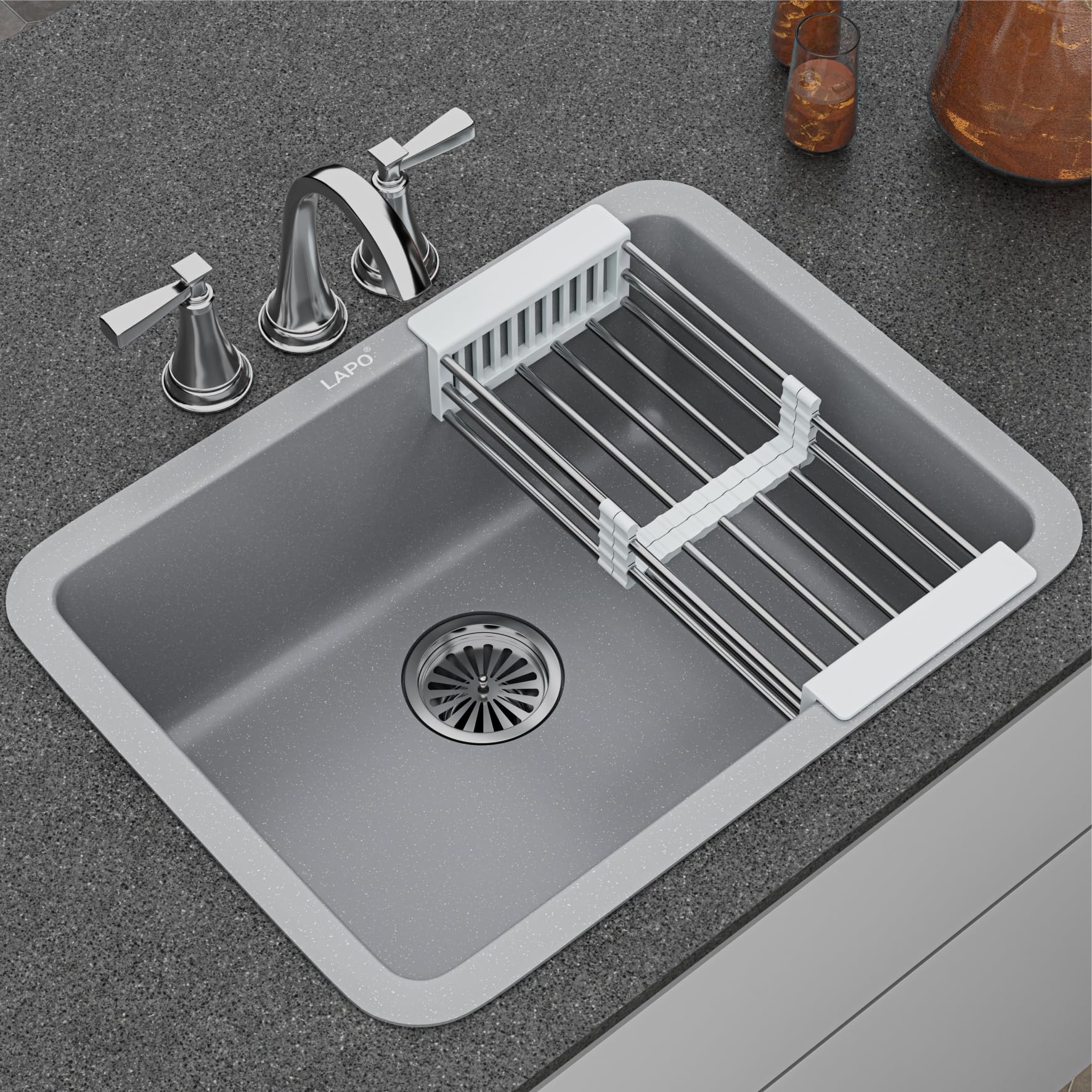 LAPO Quartz Kitchen Sink, Single Bowl Kitchen Sink, Granite Quartz Kitchen Sink with Sink Coupling, Hose Pipe and Drainer Basket (31x19 Inches,Grey Finish- Round) (B0DBF233Q3) Amazon Price History, Amazon Price Tracker