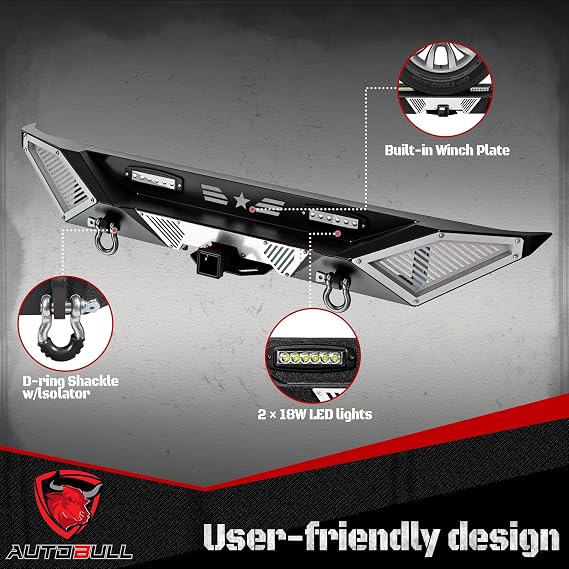Rear Bumper - Compatible with 2007-2018 JP Wrangler JK/JKU, Off-Road Rock Crawler Full-Width Bumper with LED Lights, 2