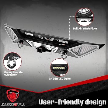 Rear Bumper - Compatible with 2007-2018 JP Wrangler JK/JKU, Off-Road Rock Crawler Full-Width Bumper with LED Lights, 2