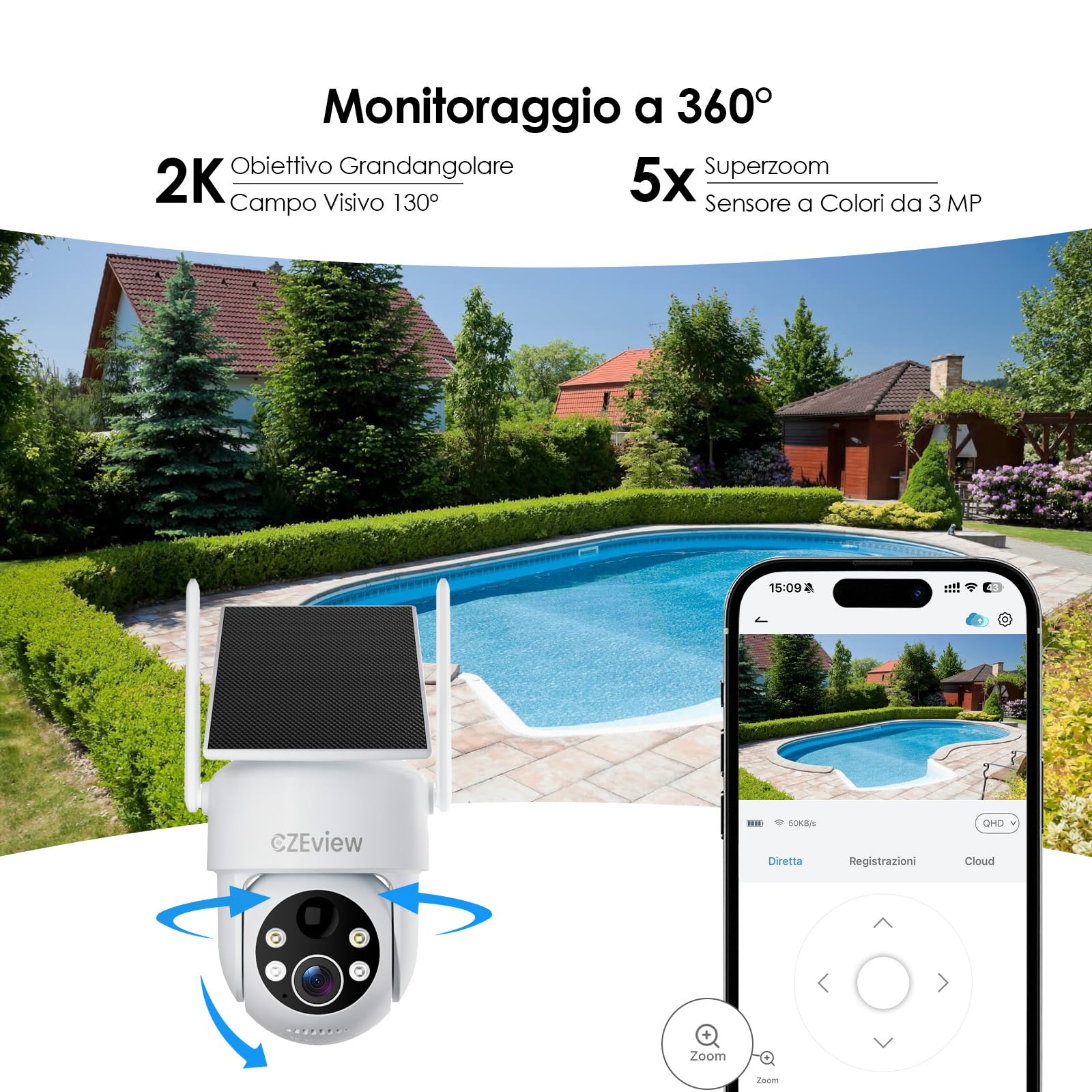 CZEview 2K Telecamera Wi-Fi Esterno con Pannello Solare, 360° PTZ, Videocamera Sorveglianza, Rilevazione di Movimento PIR con Allarme, IP65