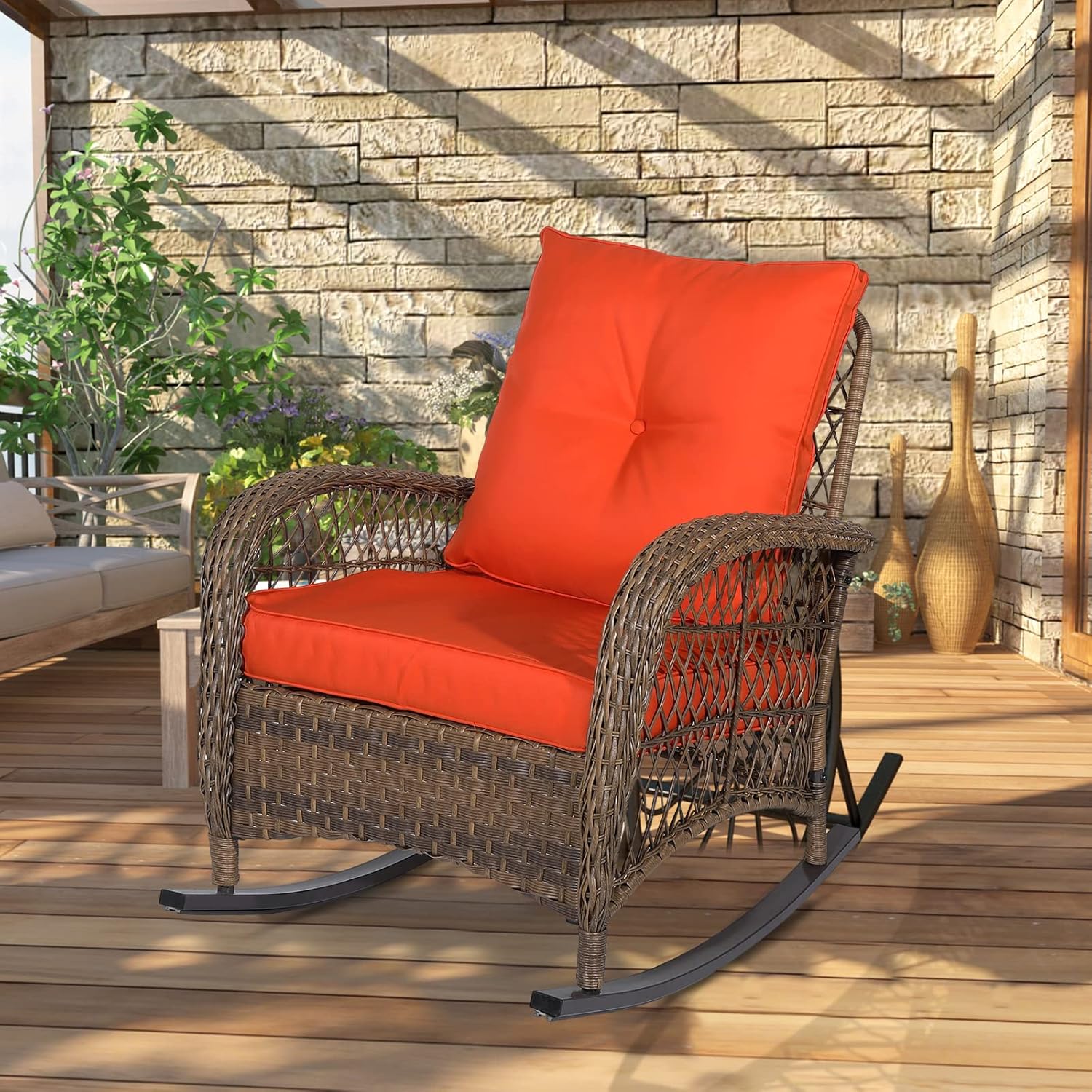 Outdoor Wicker Rocking Chair with Thickened Cushions, All-Weather Rattan Patio Rocking Chairs, Patio Wicker Rocker Chair for Porch Garden & Backyard, Orange