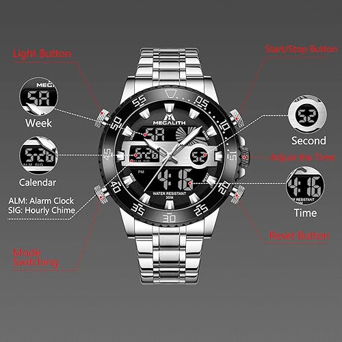 Miniatura 4 de MEGALITH Reloj digital impermeable de acero inoxidable con cara grande LED analógico multifuncional para deportes al aire libre, relojes de pulsera