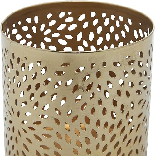 Miniatura 2 de Deco 79 Vaso cilíndrico de metal con diseño floral tallado con láser, 4 x 4 x 4 pulgadas, dorado